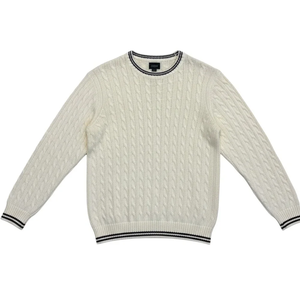 New J.Crew Big Cable Knit Sweater Mens XL Cream Navy Cotton Crewneck Long Arms